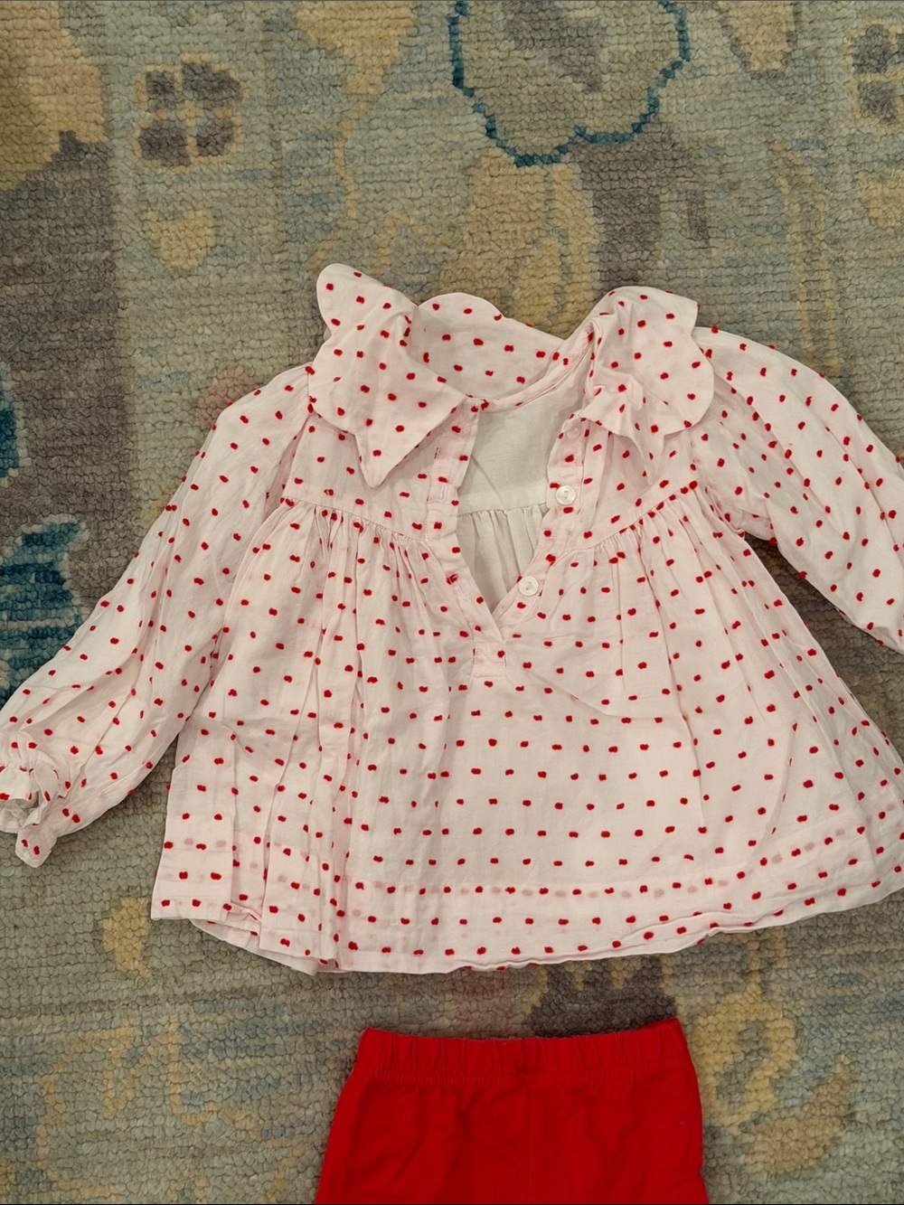 Cecil & Lou Swiss Dot Ruffle Collar Top and Red Leggings Set - Picture 3 of 4